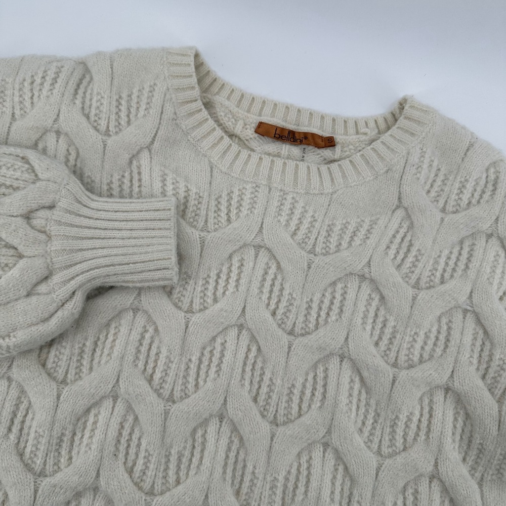 Bellini Womens Cable Knit Sweater Small Crew‎ Neck Long Sleeve Casual Warm Ivory